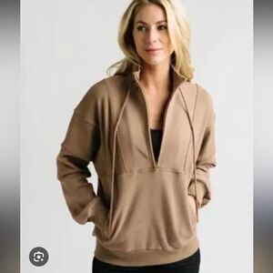 Zyia Active Tan Brown Quarter Zip Sweatshirt Jacket